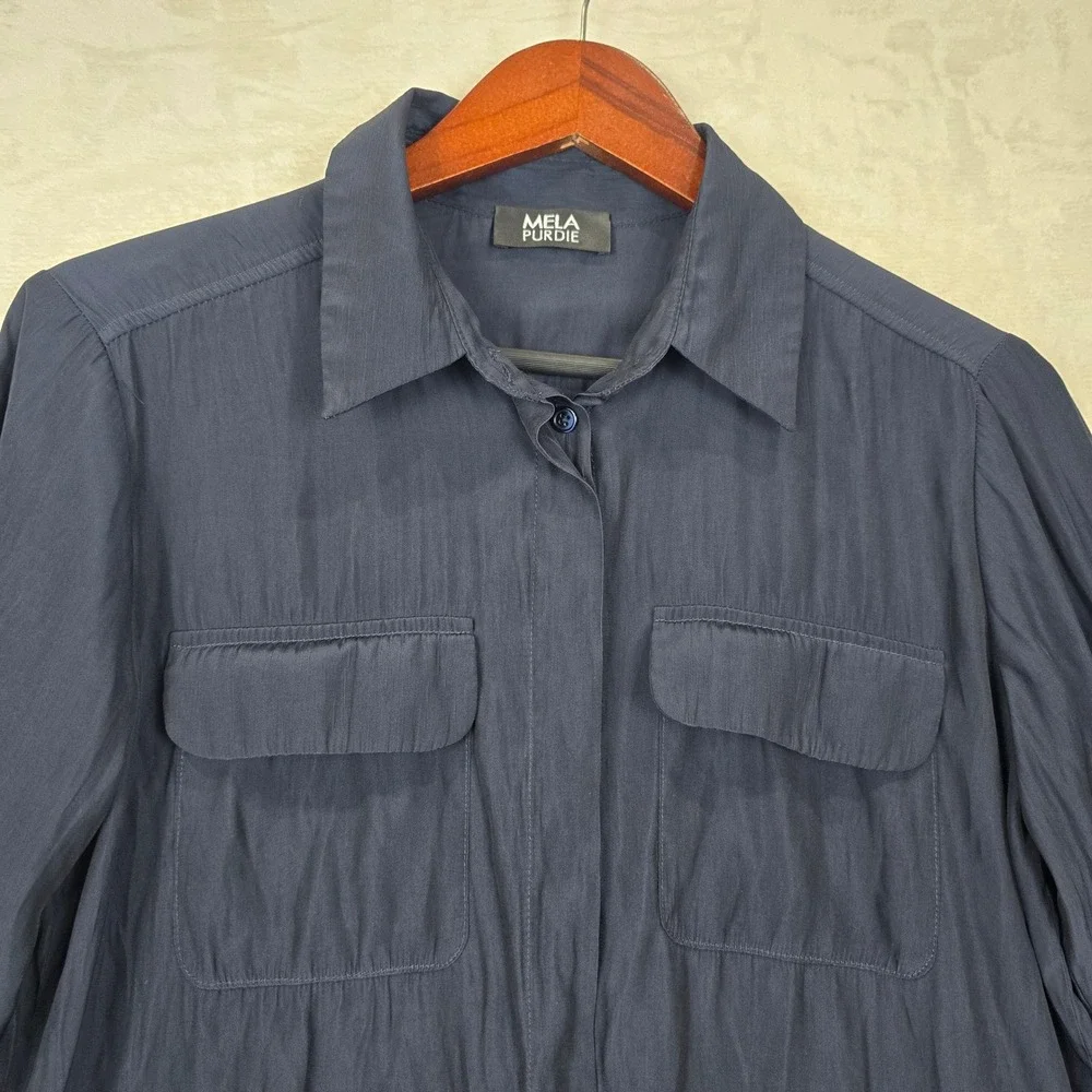 Mela Purdie Navy Blue Technical Polyester Utility Button Down Shirt Blouse XS - Picture 2 of 8